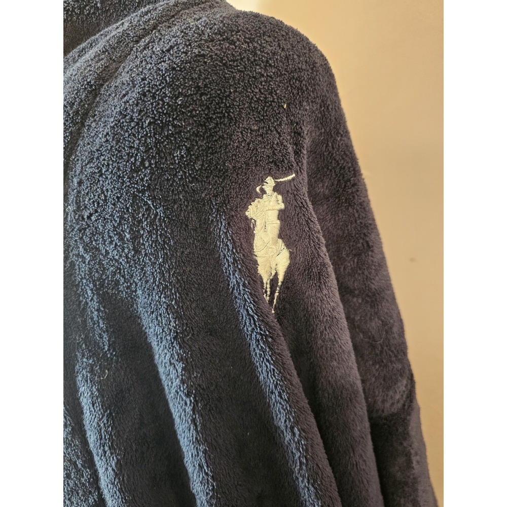 Polo Ralph Lauren Navy Blue Plush Bath Robe Mens One Size Big White Pony - Picture 2 of 4